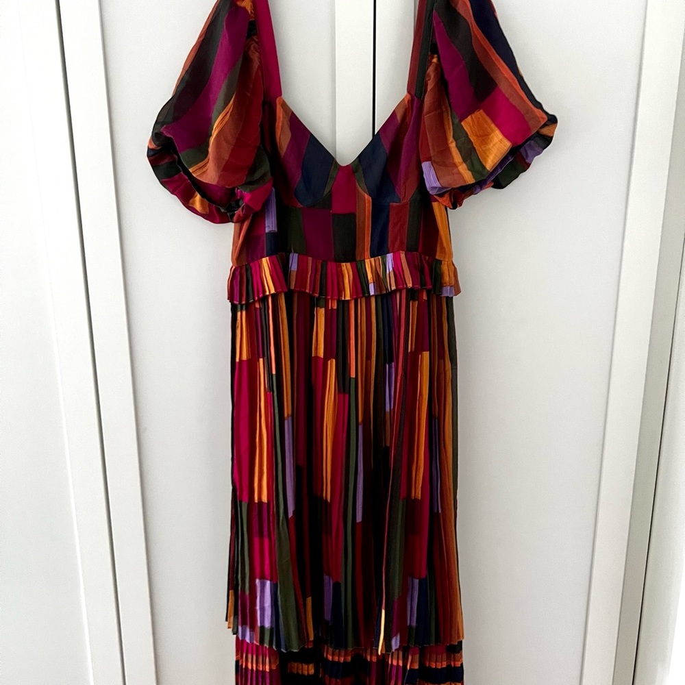 Farm Rio Painted Stripes Blouson-Sleeve Pleated Dress - Size Large